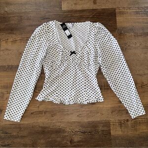Fashion Nova Top Small Long Sleeve Polka Dot Black White Romantic S Blouse NWT